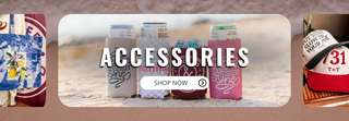 photo showing various gift items such as trucker hats that read "731" and "put some slow in your roll" and can coolers and a canvas tote that reads "easy peasy"