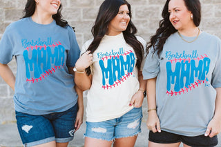 three models wearing baseball mama graphic tees in grey and ivory