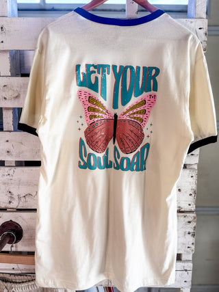 Butterfly Graphic Tee - Let Your Soul Soar Vintage Ringer Shirt for Women - Tucked & Threaded