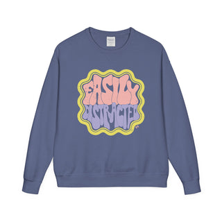 Blue sweatshirt with colorful graphic design on a white background