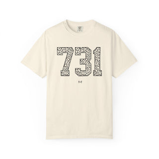 ivory color short-sleeve graphic t-shirt with a printed design in black ink that reads "731" with a leopard animal print insdie the font