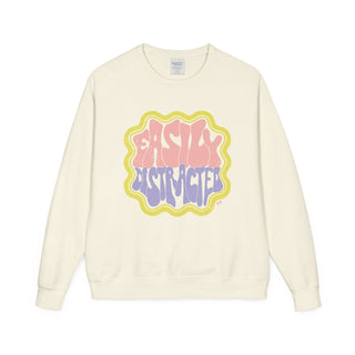 Cream-colored sweatshirt with colorful graphic design on a white background