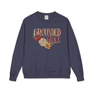 Navy blue sweatshirt with 'Grounded in Grace' text and floral design on a white background