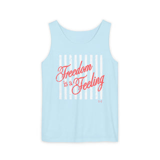 Light blue tank top with red text 'Freedom is a Feeling' on a white background
