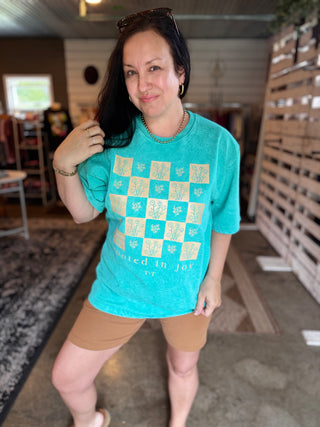 Rooted in Joy Teal Mineral Wash Tee - Tucked & Threaded
