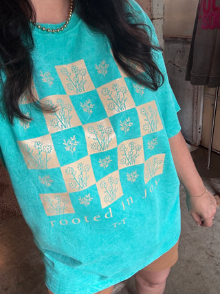 Rooted in Joy Teal Mineral Wash Tee - Tucked & Threaded