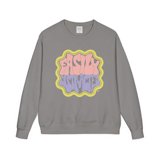 Gray sweatshirt with colorful graphic design on a white background