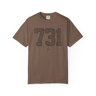 mocha brown color short-sleeve graphic t-shirt with a printed design in black ink that reads "731" with a leopard animal print insdie the font