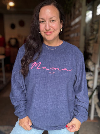 PRE-ORDER Mama Navy Corded Crewneck Sweatshirt-Tucked &amp; Threaded