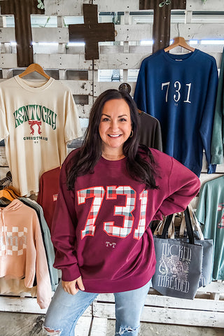 731 Christmas Plaid Adult Maroon Sweatshirt-Sweatshirt-Printify-Maroon-XS-Tucked &amp; Threaded