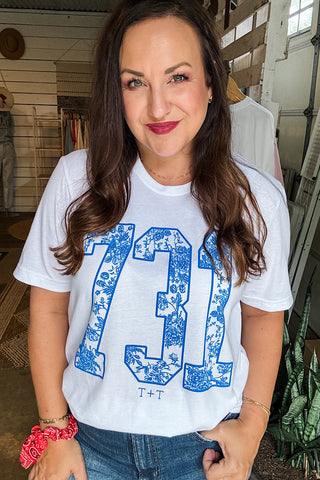 731 Blue Floral White Tee