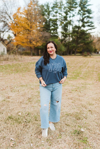 731 Area Code Embroidered Denim Sweatshirt - Tucked & Threaded