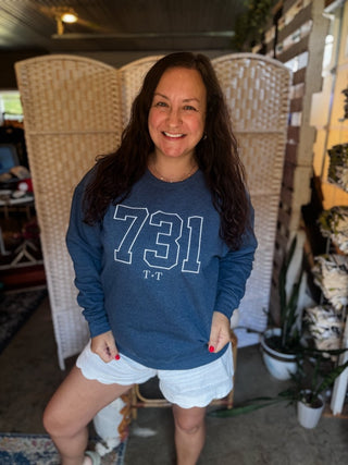 731 Area Code Embroidered Denim Sweatshirt - Tucked & Threaded