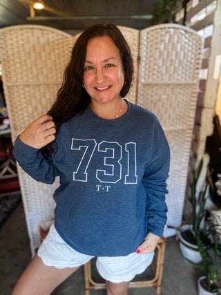 731 Area Code Embroidered Denim Sweatshirt - Tucked & Threaded
