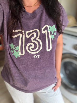 731 Area Code Funky Stars Retro T-Shirt – Relaxed Fit Drop Shoulder Boxy Tee in Washed Plum - Tucked & Threaded