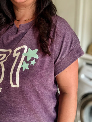 731 Area Code Funky Stars Retro T-Shirt – Relaxed Fit Drop Shoulder Boxy Tee in Washed Plum - Tucked & Threaded