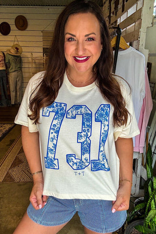 731 Blue Floral Cream Boxy Tee - Tucked & Threaded