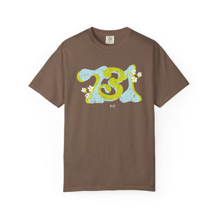 Brown t-shirt with a colorful design on a white background