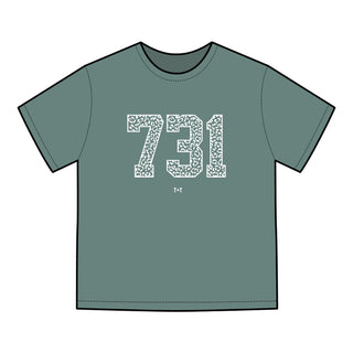 Green t-shirt with '731' design on a white background