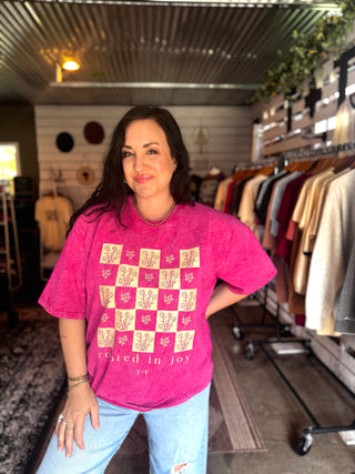 Rooted in Joy Magenta Mineral Wash Tee - Tucked & Threaded