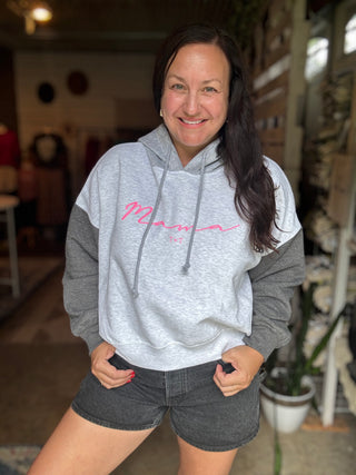 PRE-ORDER Mama Grey Colorblocked Crop Hoodie-Tucked &amp; Threaded