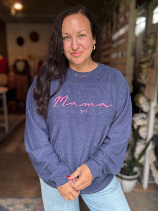 PRE-ORDER Mama Navy Corded Crewneck Sweatshirt-Tucked &amp; Threaded