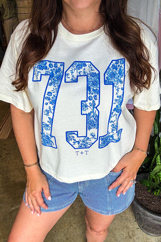 731 Blue Floral Cream Boxy Tee