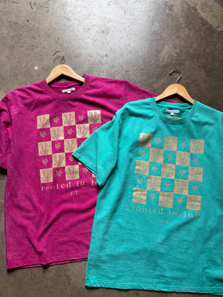 Rooted in Joy Teal Mineral Wash Tee - Tucked & Threaded