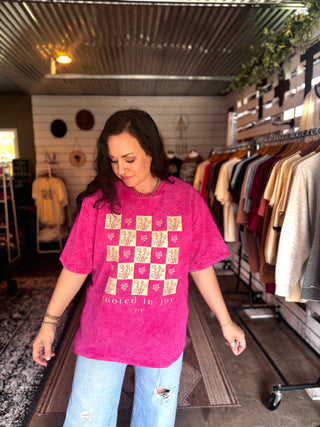 Rooted in Joy Magenta Mineral Wash Tee - Tucked & Threaded