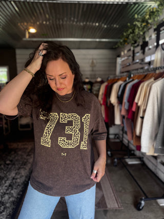 Tennessee 731 Area Code Graphic Tee - West TN Leopard Mocha Mineral Wash Shirt - Tucked & Threaded