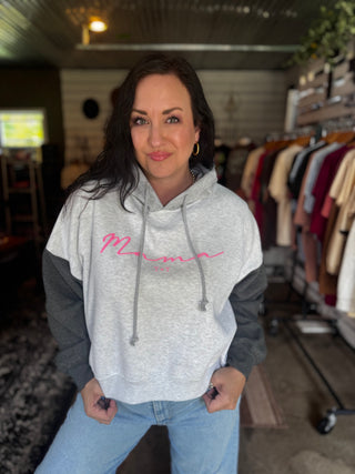 Mama Grey Colorblocked Crop Hoodie - Tucked & Threaded