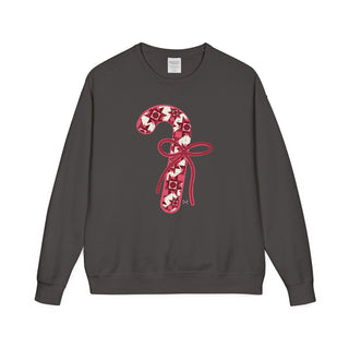 Dark gray sweatshirt with a candy cane design on a white background