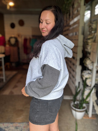 PRE-ORDER Mama Grey Colorblocked Crop Hoodie-Tucked &amp; Threaded