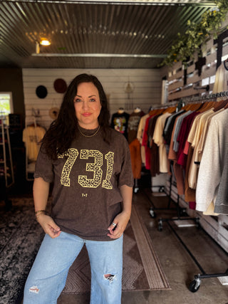 Tennessee 731 Area Code Graphic Tee - West TN Leopard Mocha Mineral Wash Shirt - Tucked & Threaded