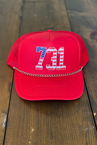 731 Patriotic Red Silver Chain Trucker Hat