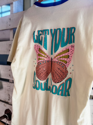 Butterfly Graphic Tee - Let Your Soul Soar Vintage Ringer Shirt for Women - Tucked & Threaded