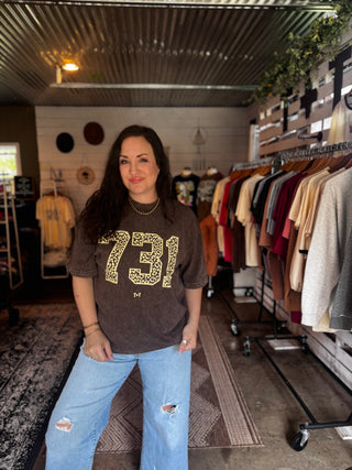 Tennessee 731 Area Code Graphic Tee - West TN Leopard Mocha Mineral Wash Shirt - Tucked & Threaded