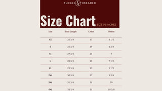 A size chart graphic for Tucked & Threaded clothing, showing size tables with body length, chest, and sleeve measurements in inches for sizes XS through 4XL on a beige background with a dark red header.