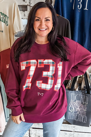 731 Christmas Plaid Adult Maroon Sweatshirt-Sweatshirt-Printify-Maroon-XS-Tucked &amp; Threaded