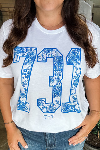 731 Blue Floral White Tee