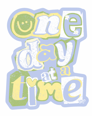 Decorative text 'One day at a time' with colorful letters on a white background