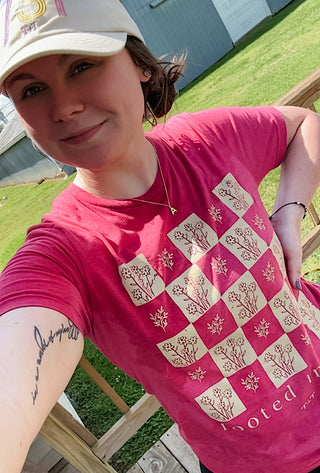 Rooted in Joy Bella + Canvas Magenta Tee - Tucked & Threaded