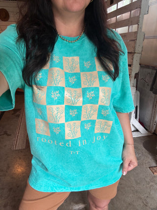 Rooted in Joy Teal Mineral Wash Tee - Tucked & Threaded