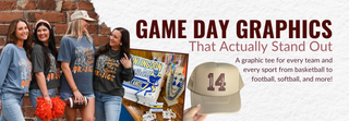 Promotional banner for game day graphics featuring graphic tees and sports-themed items | Tucked & Threaded | Tennessee