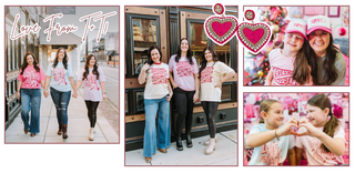 Collage of people wearing pink t-shirts with 'Love From T2T' text, including outdoor and indoor settings.