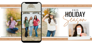 Collage of a woman taking a selfie with 'Happy Holidays' text overlay.