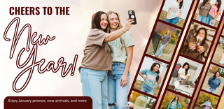 Two women taking a selfie with text 'Cheers to the New Year!' and promotional content on the side.