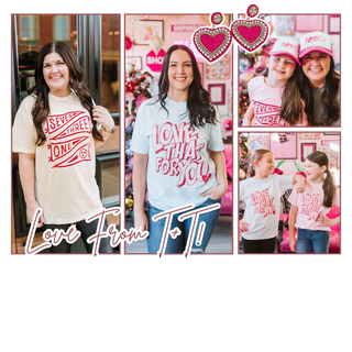 Collage of a woman wearing a 'Love That For You' shirt with various poses and settings.