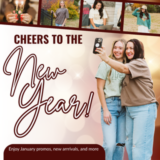 Two women taking a selfie with text 'Cheers to the New Year!' and promotional content above them.