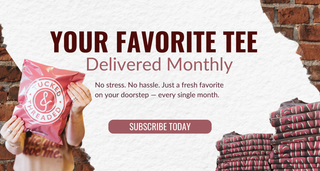 Promotional graphic for a clothing subscription service with text and a person holding a shirt | Tucked and Threaded